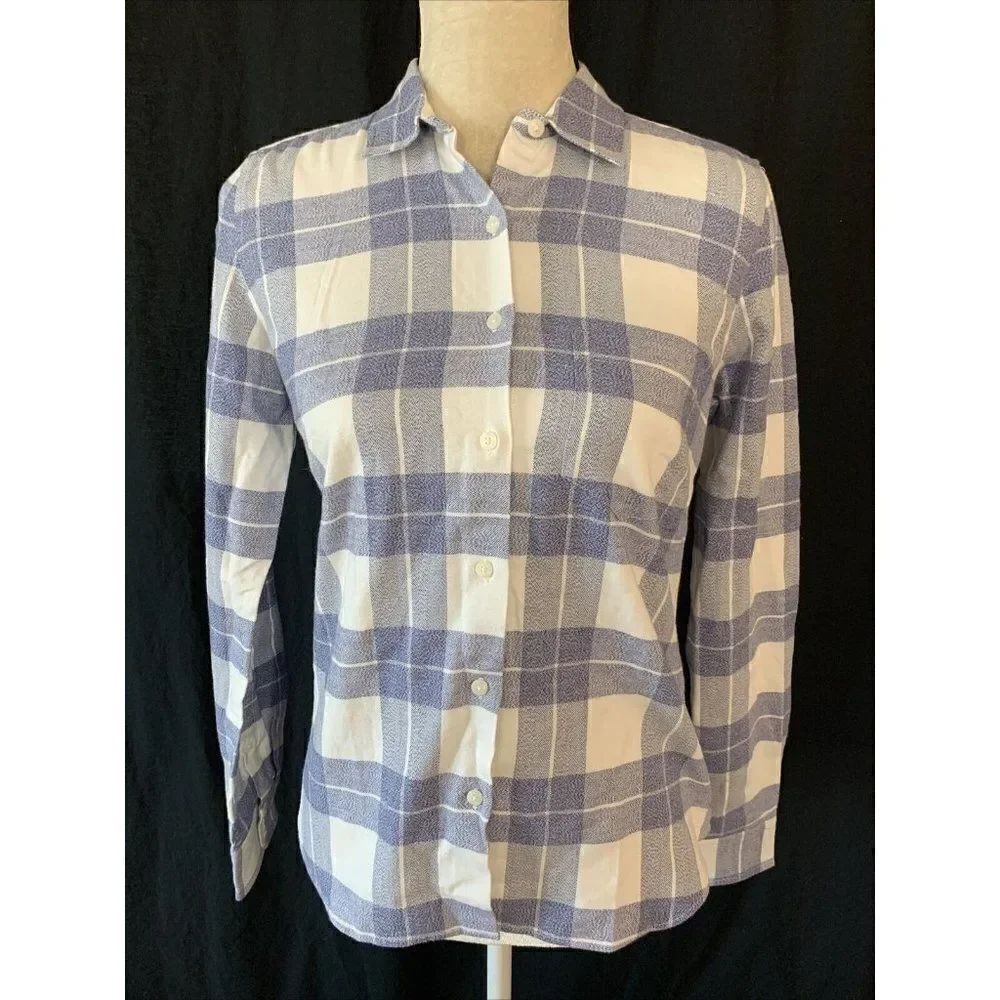 Untuckit Womens Blue White Plaid Long Sleeve Flannel Top Size 2